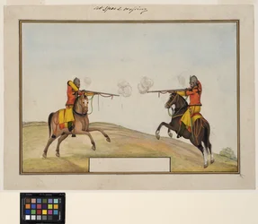 Twee bereden soldaten wisselen geweervuur uit, c.1830