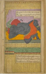 Kumbhakarna, misleid door de goden om Brahma om de gave van eindeloze slaap te vragen, slaapt in de prachtige woning die voor hem is voorbereid op bevel van Ravana