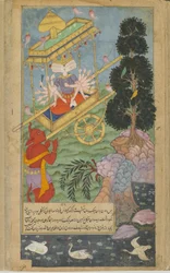 Ravana grijpt de strijdwagen Puspaka van Kuvera
