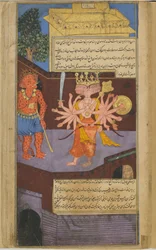 Ravana ontmoet een angstaanjagende deurwachter in het paleis van Vali