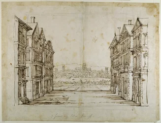 Engelse huizen met Londen en de Theems in de verte