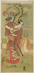 De acteur Ichikawa Yaozo II als Goi no Sho Munesada met een hert, in het toneelstuk Kuni no Hana Ono no Itsumoji (Bloem van Japan: de vijf personages van Ono no Komachi), opgevoerd in het Nakamura Theater vanaf de eerste dag van de elfde maand, 1771.