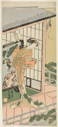De acteur Iwai Hanshiro IV als Okaru in acte zeven van het toneelstuk Chushingura, uitgevoerd in het Morita Theater vanaf de derde dag van de vierde maand, 1769