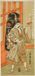 De acteur Matsumoto Koshiro III als Kyo no Jiro vermomd als een Uiro (Panacea) verkoper uit het stuk Kagami-ga-ike Omokage Soga, uitgevoerd in het Nakamura Theater in de eerste maand, 1770