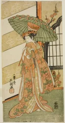 De acteur Onoe Tamizo I als Nishikigi in het stuk Mutsu no Hana Ume no Kaomise, uitgevoerd in het Ichimura Theater in de elfde maand, 1769