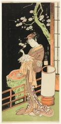 De acteur Segawa Kikunojo II als Oiso no Tora in het stuk Soga Moyo Aigo no Wakamatsu, uitgevoerd in het Nakamura Theater in de eerste maand, 1769