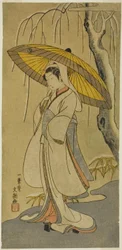 De acteur Segawa Kikunojo II als de Reigermaagd in het stuk "Katoenwatten van Izu die de huwelijkschrysanten beschermen (Myoto-giku Izu no Kisewata)," uitgevoerd in het Ichimura Theater vanaf de eerste dag van de elfde maand, 1770