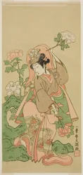 De Acteur Segawa Kikunojo II in Shakkyo Dans in het Toneelstuk Soga Moyo Aigo no Wakamatsu, Uitgevoerd in het Nakamura Theater in de Tweede Maand, 1769