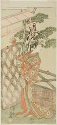 De acteur Yamashita Kinsaku II als Moshio, vrouw van Ito Sukekiyo, in het stuk Izu-goyomi Shibai no Ganjitsu, uitgevoerd in het Morita Theater in de elfde maand, 1772