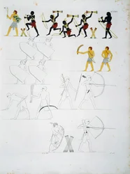 Militaire scènes, soldaten met bogen en pijlen, uit de graven van Beni Hasan, Plaat CXVIII, uit monumenten van Egypte en Nubië: civiele monumenten