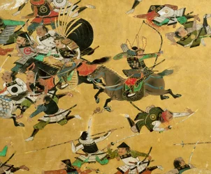 Een antiek Samoeraischerm dat de val van het kasteel van Osaka in 1615 afbeeldt