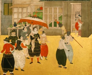 Details van het Namban byobu-scherm dat Portugese handelaren toont die Japan bezoeken tijdens de Momoyama-periode, 2005 (foto)