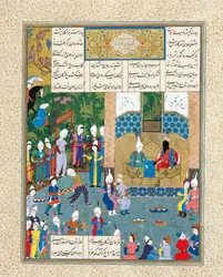 Kay Khusraw verwelkomd door zijn grootvader, Kay Kaus, koning van Iran Manuscriptverlichting uit de ep