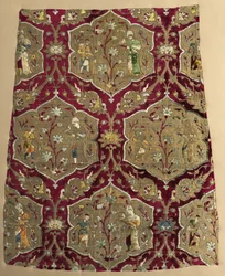 Brocade fluweel met valkenier en bediende in geanimeerd raster, van een gewaad