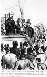 Michael Davitt spreekt 100.000 mensen toe in Jones Wood, VS, uit Irish World, 5 juni 1880