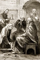 St. Brigit ontvangt een bisschop, uit The Trias Thaumaturga, of Three Wonder-Working Saints of Ireland, door Mary Cusack, gepubliceerd ca. 1890s