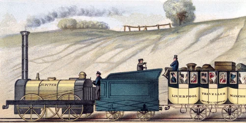 Reizen op de Liverpool en Manchester Railway, detail van de locomotief 
