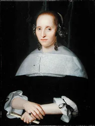 Portret van een dame in een zwarte jurk met kanten kraag