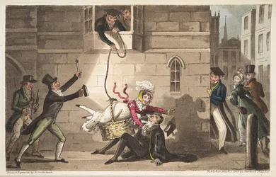 Een proctor begroeten, of Oxford bulldogs die brutale smokkelaars detecteren, uit The English Spy, gepubliceerd Londen, 1824