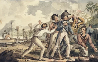 Kapitein Burney ontdekt zijn vermoorde scheepskameraden, illustratie uit "The Voyages of Captain Cook"