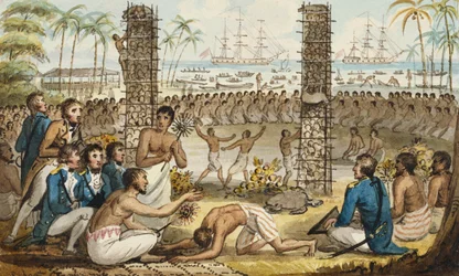 Kapitein Cook op het eiland Otaheite, illustratie uit "De reizen van Kapitein Cook"