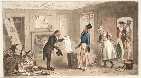 College comfort, een eerstejaars die zijn kamers in bezit neemt, uit The English Spy, gepubliceerd 1824