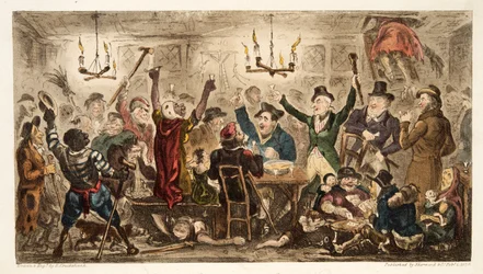 Hovelingen aan het drinken in een bedelaarsken, uit The English Spy, gepubliceerd 1824