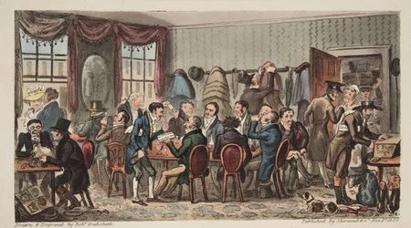 De Tassen, Mannenbanket bij de Bell Inn, Cheltenham, uit The English Spy, gepubliceerd 1824