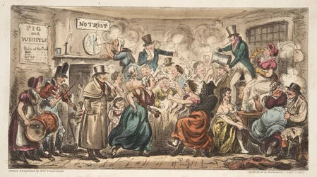De Buff Club bij de Pig and Whistle, Avon Street, Bath, uit The English Spy, gepubliceerd Londen, 1824