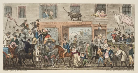 De komische processie uit The English Spy, uitgegeven 1824 Gloucester naar Berkeley, uit The English Spy, uitgegeven 1824