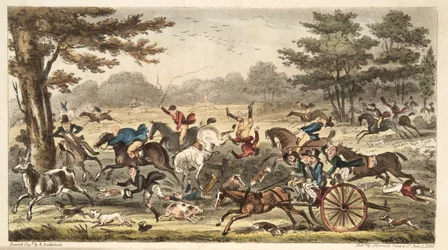 De jacht van Epping, of Cockney-komiek in volle achtervolging, uit The English Spy, gepubliceerd in 1824