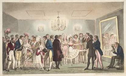 De Groene Kamer van het Koningstheater, of Edelen die buitenlandse curiositeiten bekijken, uit The English Spy, uitgegeven 1824