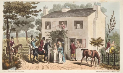 De Oakland Cottages, Cheltenham, of Vossenjagers en hun Favorieten, uit The English Spy, gepubliceerd 1824