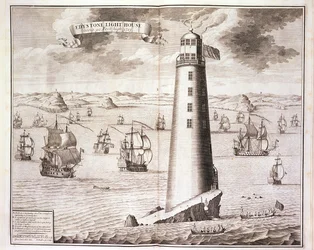 De Eddystone vuurtoren, gegraveerd door Hendrick Hulsbergh, 1713