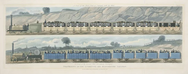 Reizen op de Liverpool en Manchester Railway: Een trein van de eerste klasse met de post, en een trein van de tweede klasse voor buitenpassagiers, gegraveerd door S.G. Hughes, 1831