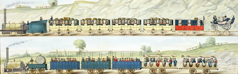 Reizen op de Liverpool en Manchester Spoorweg, gegraveerd door S.G. Hughes, c.1831