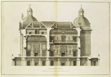 Houghton Hall: doorsnede van de Hal en Salon, gegraveerd door Pierre Fourdrinier, 1735