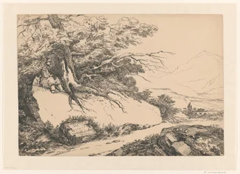 Landschap, met onder een boom een pauzerende man met hond