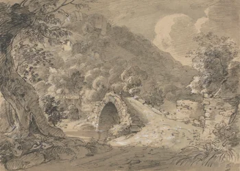 Bergachtig Landschap met een Brug en Huis