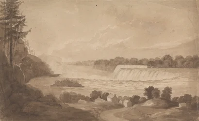 Uitzicht op de Niagara-watervallen met de watervallen op de achtergrond, rechts, en landschap met huizen op de voorgrond