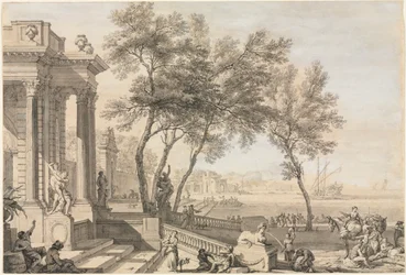 Fantastisch havenscène met architectuur en figuren, 1713