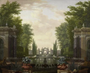 Watertuin met beelden en fonteinen in een park