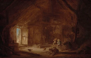 Interieur van een stal met drie kinderen