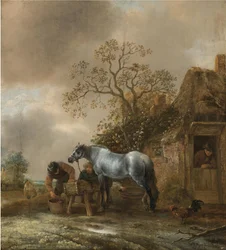 Landschap met boeren die een paard voeren voor een Cottage