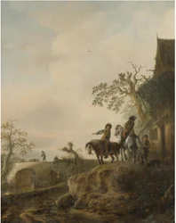 Landschap met ruiters die stoppen bij een herberg