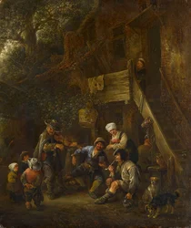 Boeren luisteren naar een blinde vioolspeler voor een Cottage