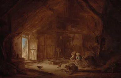 Interieur van een stal met drie kinderen