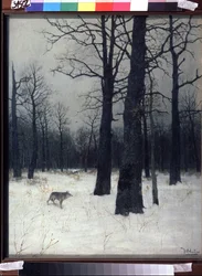 Bos in de winter. Zwarte en kale bomen in de sneeuw, met een wolf