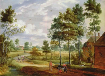 Figuren buiten een huisje in een landschap