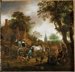 Koets voor een herberg (schilderij op eikenhout)
